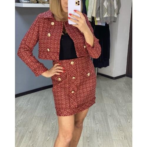2021 Spring new Fragrance Vintage Tweed Two Piece Set Women Single-Breasted Woolen Short Jacket Coat + Mini Skirt 2 Piece Set