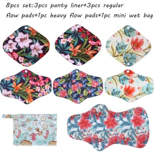 8PCS Set Including 3PCS Panty Liner+3PCS Regular Flow Pads+1PC Heavy Flow Pad+1PC Mini Wet Bag