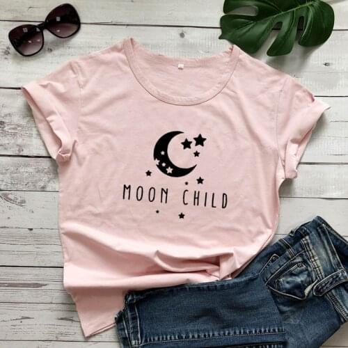 Moon Child 100% Cotton T-shirt Retro Women Mystic Witch Tshirt Casual Summer Short Sleeve Graphic Hippie Top Tee Shirt Outfits