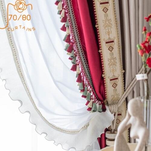 French Luxury Gloss Stitching Lace Curtains Blackout Curtains for Living Room Bedroom Bay Window Embroidered Screens
