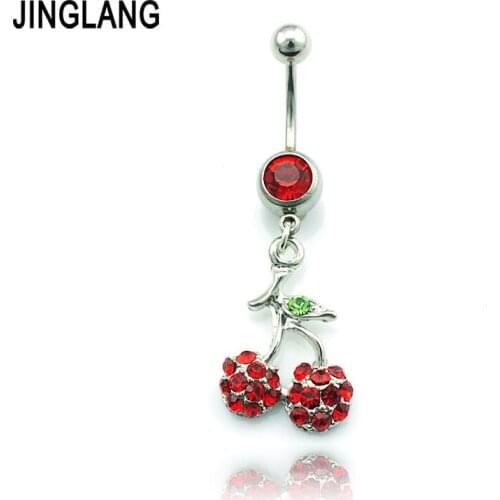 JINGLANG Piercing Jewelry Fashion Stainless Steel Belly Button Rings Dangle Pink Rhinestone Fruits Navel Rings Jewelry
