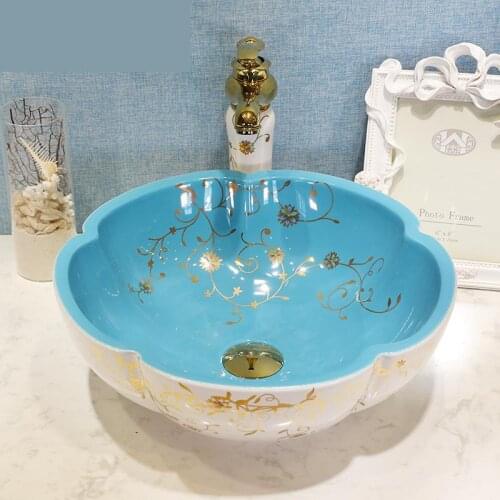 Europe style chinese washbasin sink Jingdezhen Art Counter Top colorful flower shape ceramic wash basin bathroom sink