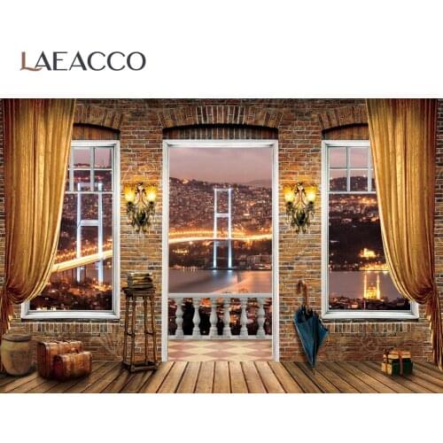 Laeacco Room Curtain Brick Wall Night City Family Photo Background Photophone Decor Vinyl Photocall Photography Backdrops Studio