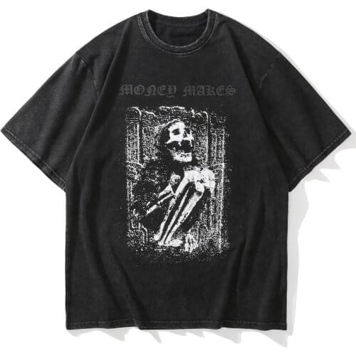 2021 Summer Casual Tshirt Harajuku T-Shirt Streetwear Hip Hop Cotton Short Sleeve Shirt Retro Washed Skeleton Print Tshirt