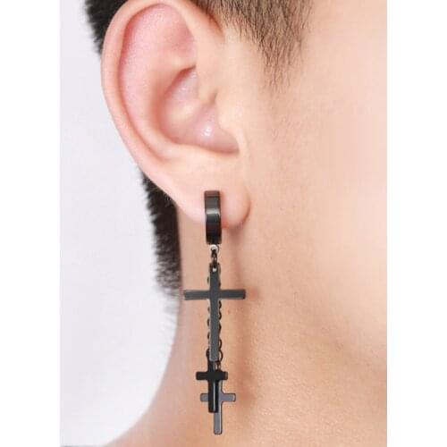 1Pcs Punk Gothic Men Women Metal Hoop Cross Round Drop Dangle Ear Clip Cuff Chains Studs Earrings Double Pierced Party Jewelry