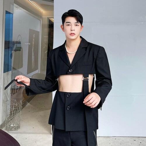 2021 Mens Suit Coat Blazers Hollow Removable Hem Japan Korean Style Vintage Streetwear Fashion Suit Jacket Male Stage Clothing