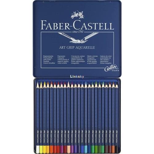 Faber Castell Art Grip Aquarelle Watercolor Pencil Set,Tin of 24 Pencils, Pencils Are Triangular Shaped, Fully Water Soluble