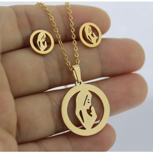 1 Set Gold Color Stainless Steel Madonna Jewelry Sets Charms Religion Earrings Necklace For Blessed Women Girls Kids
