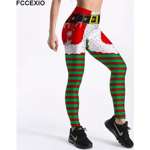 FCCEXIO New Workout Leggings High Waist Fitness Legging Santa Claus Print Leggins Female Pants Large Size Leggings For Christmas