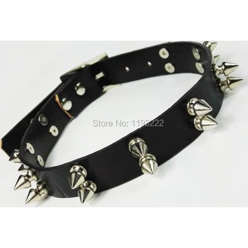 Handmade Girl Punk Goth Gothic Fetish Leather Collar Double Spikes Studs Choker Necklace