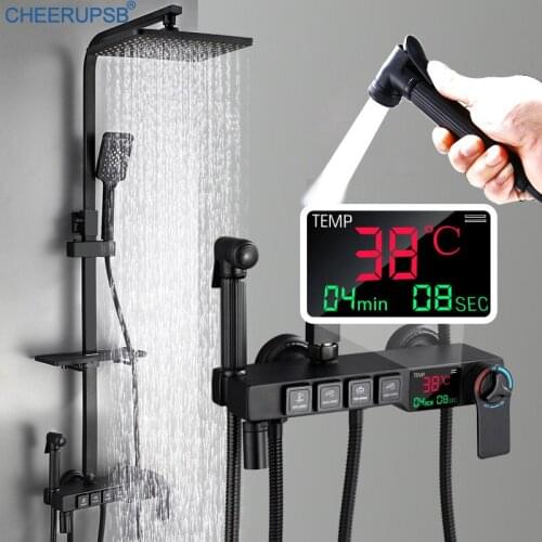 Black Thermostatic Shower Set Wall Mount Square Disc Rainfall Shower System LED Light Digital Display Brass Bathtub Bath Faucet