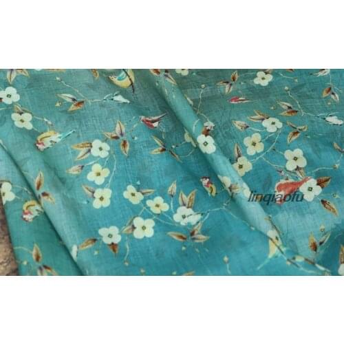 High-end clothing linen fabric Clear high-grade printed ramie blue white cloth cheongsam dress