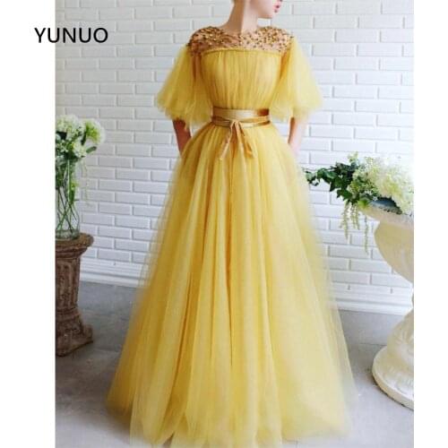 YUNUO Yellow Evening Party Dresses 2021 Sheer O-neck Beading Short Sleeves A Line Tulle Pleats Prom Dress with Sashes Long