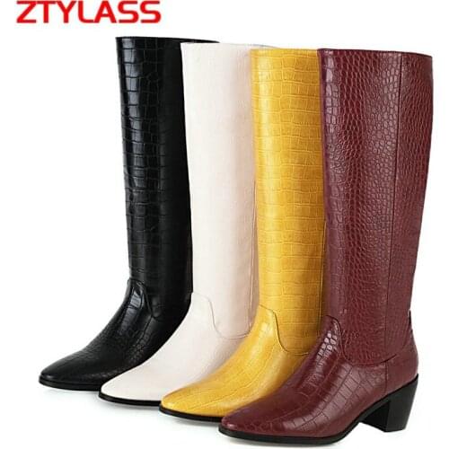 2021 Autumn Women Knee High Boots Print Pu Square High Heel Long Boots Slip On Winter Fashion Shoes Ladies Big Size 34-43