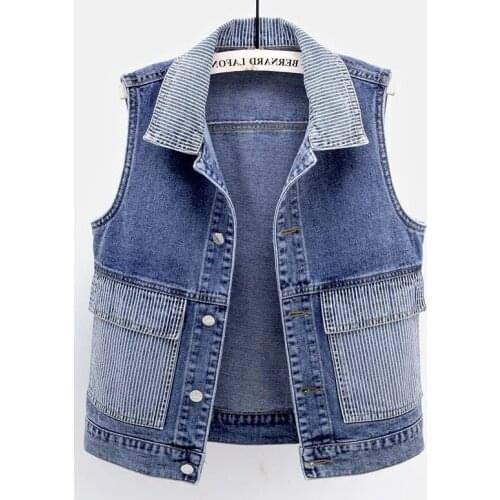 Women Denim Vest Jacket Spring Autumn Waistcoat Casual Tops Sleeveless Outerwear Stripe Splicing Short Jean