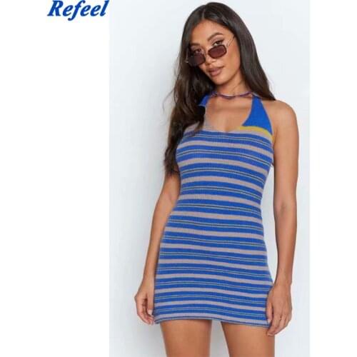 Women Knitted Halter Elastic Dress One-piece Rib Sexy Backless Casual Mini Dress Female Sleeveless Slim Clothes