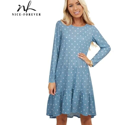 Nice-forever Autumn Women Vintage Polka Dots Dresses Casual Oversized Flare Shift Stright Dress btyA231