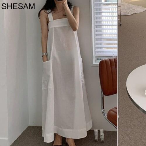 Korean Chic French Slim Collar with Exposed Collarbone Loose Double Pocket Color Sleeveless Suspender Dress for