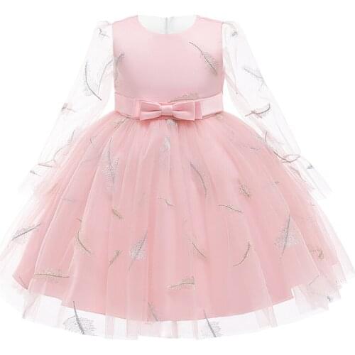 2021 Summer Dresses For Kids Girl Feather Embroidery Long Sleeve Party Dress Baby Girl Princess Dress Clothes 3 10 Years
