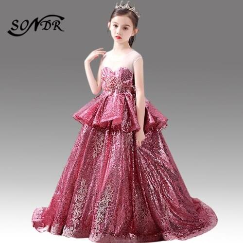 Shiny Sequined Princess Ball Gowns HT089 O-Neck Tank Formal Communion Dress Feathers Beading Wedding Party Dresses For Girls