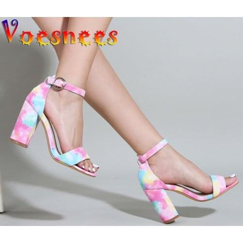 Colorful High Heels 2021 New Women Sandals Summer Tidal Current One Word Band Thick Heel Sandals Cover Heel Print Women Shoes