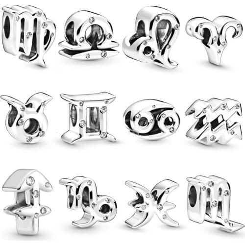 Sparkling 12 Constellations Charm Beads for Silver 925 Original Chain Bracelets Jewelry Birthday Gifts Clear CZ Beads Findings
