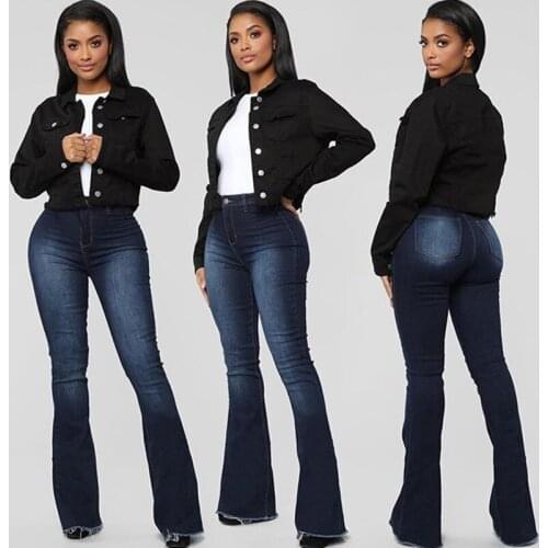 Spring and Summer Elastic High Waisted Jeans Women Flare Pants Full Length Mom Jeans Blue and Black Pants Women
