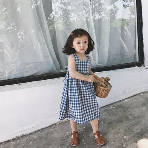 Plaid Dress for Kids 2020 Sleeveless Summer Clothing Square Collar Knee-Length Dress Spaghetti Strap Girls A-Line Dress