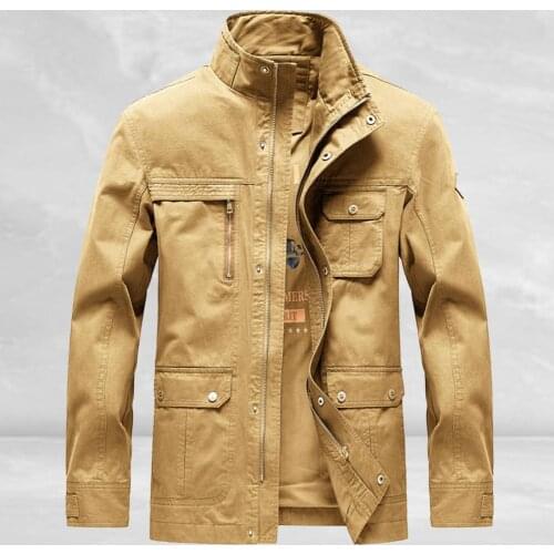 Jacket Solid Stand Collar Men Multi Pockets Zipper Coat Men Outdoor Windbreaker Motorcycle Jackets Casual Warm Business Coats