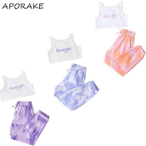 2021 2-7Y Kids Baby Clothes Set Sweet Girl Embroidery Sleeveless Crop Top+Tie Dye Print Long Pants Summer Tracksuit 2pcs