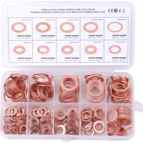 200pcs/box Copper Washers Flat Ring Sump Plug Oil Seal Assorted Set Professional Kit Copper Ring Gasket
