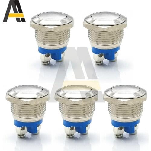 5pcs 16mm Mini Metal Push Button Switch Waterproof Nickel Plated Brass Press Button Self-reset Flat Round 250V 5A With Terminal