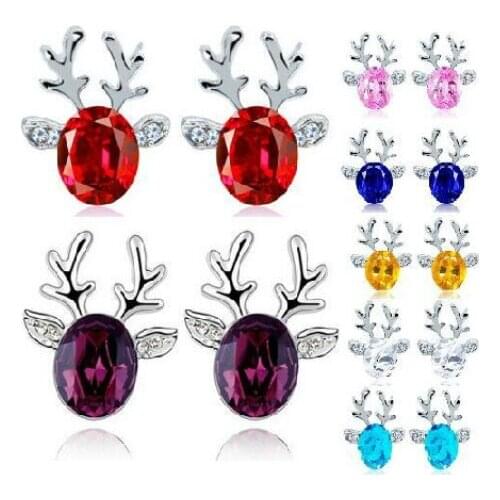 Trend New Crystal Sky Blue Stone Antler Earrings Japan and South Korea Fashion Sweet Luxury Christmas Reindeer Girl Gift