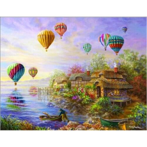 Needlework for embroidery DIY DMC Quality - Counted Cross Stitch Kits 14 ct Oil painting - Air Balloons over Cottage Villecat