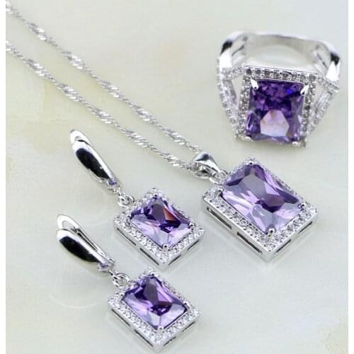 Square Natural Purple Zircon White Australian Crystal 925 Silver Jewelry Sets For Women Wedding Earrings/Pendant/Necklace/Ring