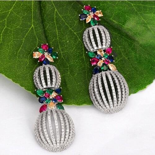 Bride Talk Colorful Stones Women Earrings Cubic Zirconia Dazzling Crystal Long Drop Flower Shape Luxury Jewelry For Wedding Gift