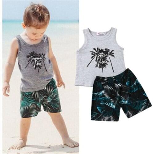1-6Y Summer Kids Boys Clothes Sets 2PCS Letter Printed Sleeveless Pullover O-neck Vest Tops+Leaves Print Shorts Tracksuits Sets
