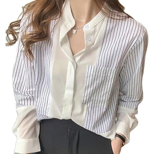 Chiffon Blouse Striped Shirts Ladies Casual Long Sleeve Shirt Womens Korean Clothes Button Womens Tops Blouses Femme Top Mujer