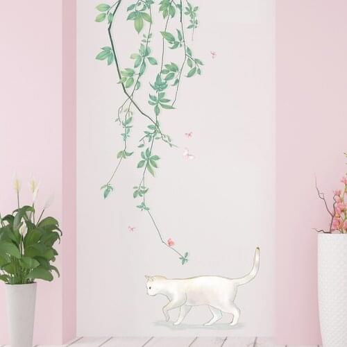 [shijuekongjian] Green Plant Leaves Wall Stickers DIY Cat Animal Wall Decals for Living Room Kids Bedroom House Decoration