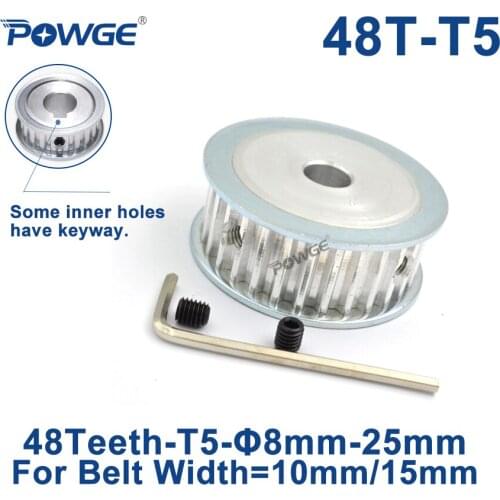 POWGE 48 Teeth T5 Timing Synchronous pulley Bore 8/12/15/19/20/22/25mm for belt width 10mm/15mm 48-T5-15 AF Wheel 48teeth 48T