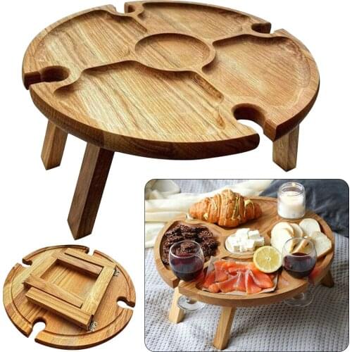 Folding Wooden Table Outdoor Wine Table With Glass Holder Round Desktop Mini Portable Garden Travel Beach Picnic Table Furniture