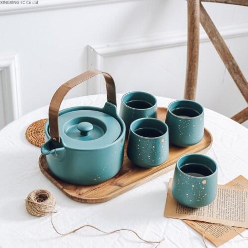 Dark Green Matte Tea Set 1200ml Coffee Pot 250ml Ceramic Cup Household Large-capacity Cold Kettle Wooden Tray Six-piece Set