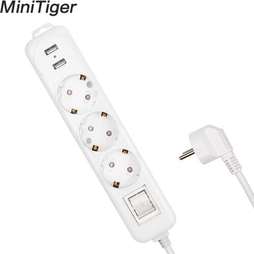 Minitiger Power Strip Dual USB Charge Port 3 AC EU Outlet Socket Extension Plug Power Button Surge Protector 2M Pure Copper Wire