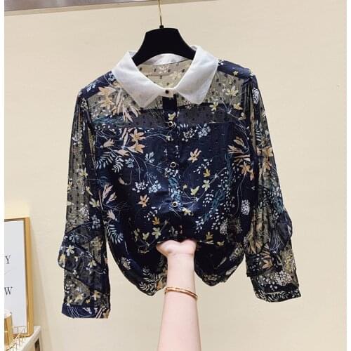 Floral Chiffon Women Shirts Summer Vintage Design 2021 Turn-Down Collar Elegant Office Lady Outwear Coats Tops