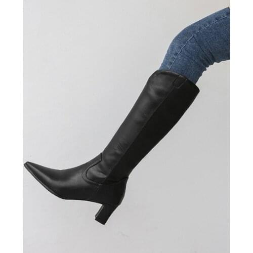 2021 New Women Beige High Heel Square Heel Long Boots Lady Riding Cowboy Boots Winter Designer Pointed Toe Knee Thigh High Boots