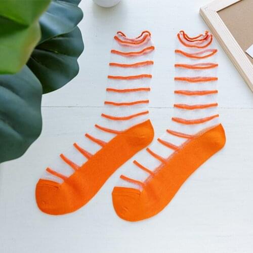Fishnets Happy Socks Women Striped Rainbow Socks Summer Harajuku Mesh Sheer Ruffle Neon Sock Female Transparent Silk Sock