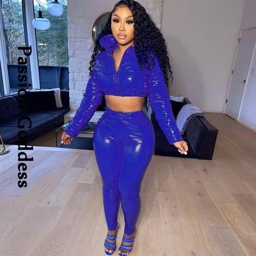 Winter Women 2 Piece Shiny PU Puffer Hooded Jacket Sets Leather Short Bubble Coats PU Pencil Pants Slim Two Piece Warm Outfits