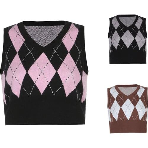 Vintage Argyle Sweater Vest V Neck Sleeveless Tank Jumper Preppy Style Plaid Knitted Pullover Autumn Winter Clothes