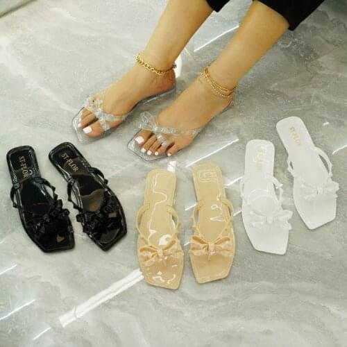 2021 fashion sexy summer new style square toe open toe flip flops bow outdoor female beach slippers