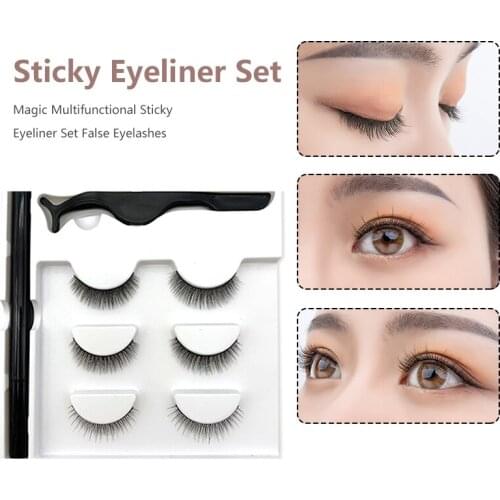 3 Pairs Multifunctional Sticky Eyeliner False Eyelashes Set With No Blooming Curler Natural Long Magnetic False Eye Lashes TSLM1